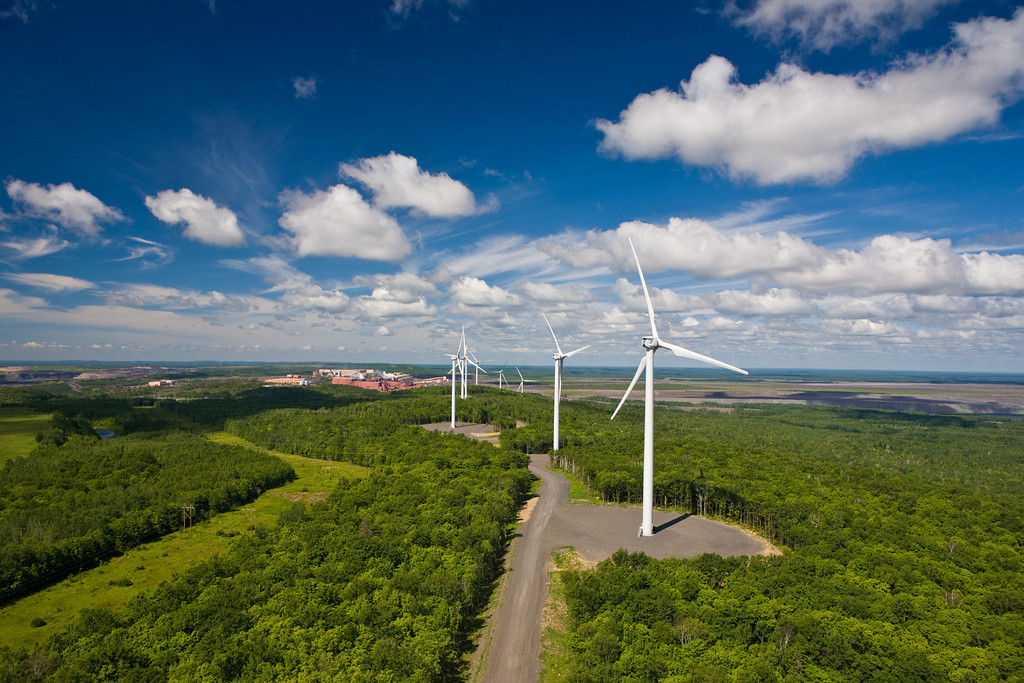 Wind turbines in a field of green trees